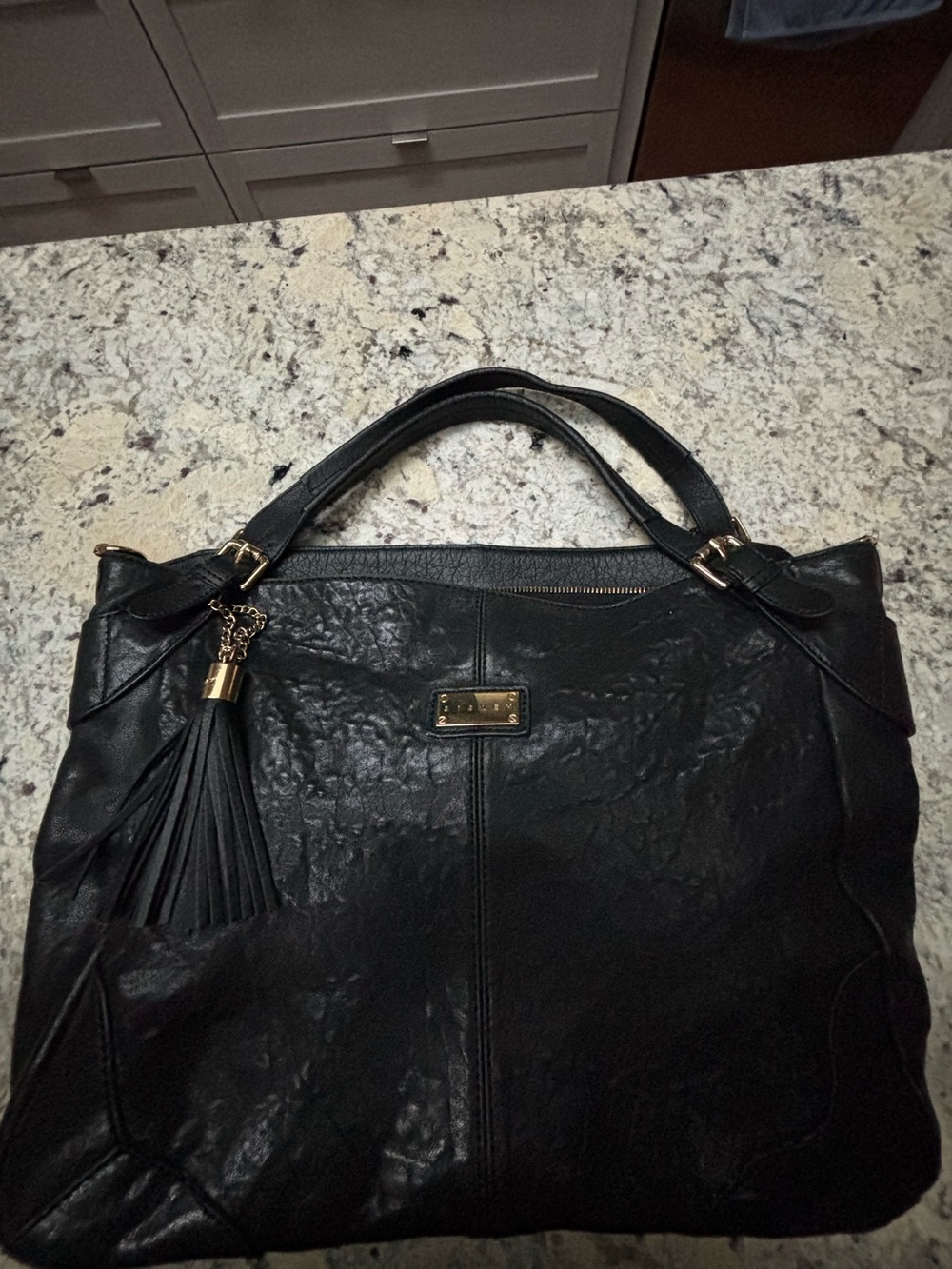 Sisley Black Leather Tote with Tassel and Gold Accents